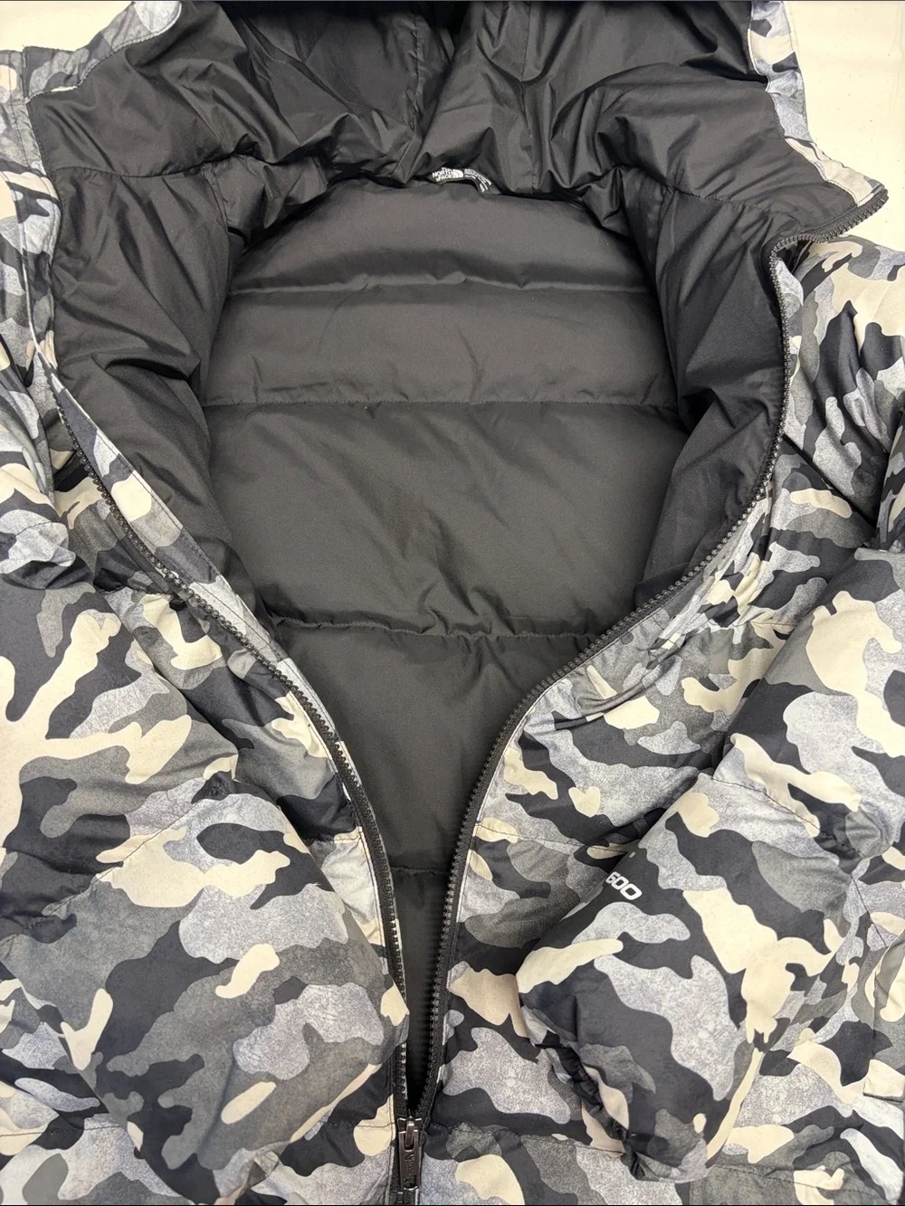 The North Face Kids Black, Gray & White Down Camo Puffer Jacket with Hood